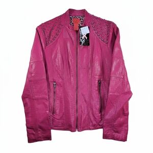 NWT V Cristina Pink Fuchsia Studded Faux Croc Leather Moto Jacket S Y2K Punk
